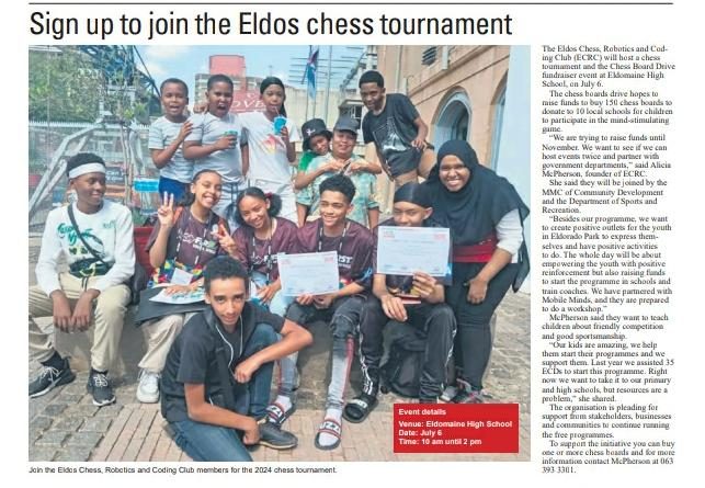 Press clipping: “Sign up to join the Eldos chess tournament” — Chess Board Drive fundraiser at Eldomaine High School.