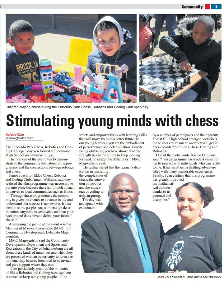 Press clipping: “Stimulating young minds with chess” — open day at Eldomaine High with the City of Johannesburg MMC.